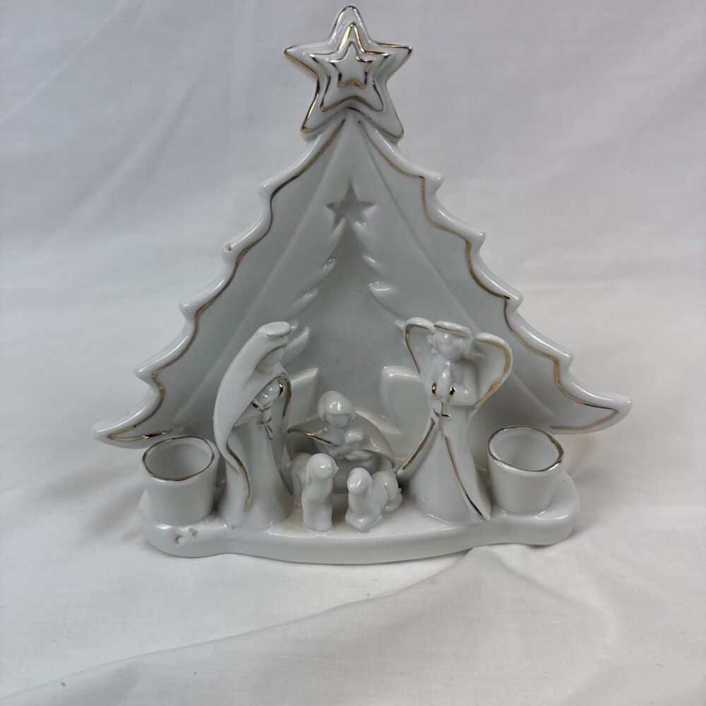 White Porcelain Nativity Set Candle Holder of Holy Family Christmas Decor